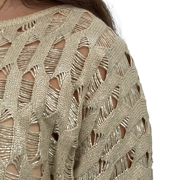 Chico's Short Sleeve Sweater Gold Shimmer Metallic Loose Knit 100% Cotton | 2 - Picture 2 of 11